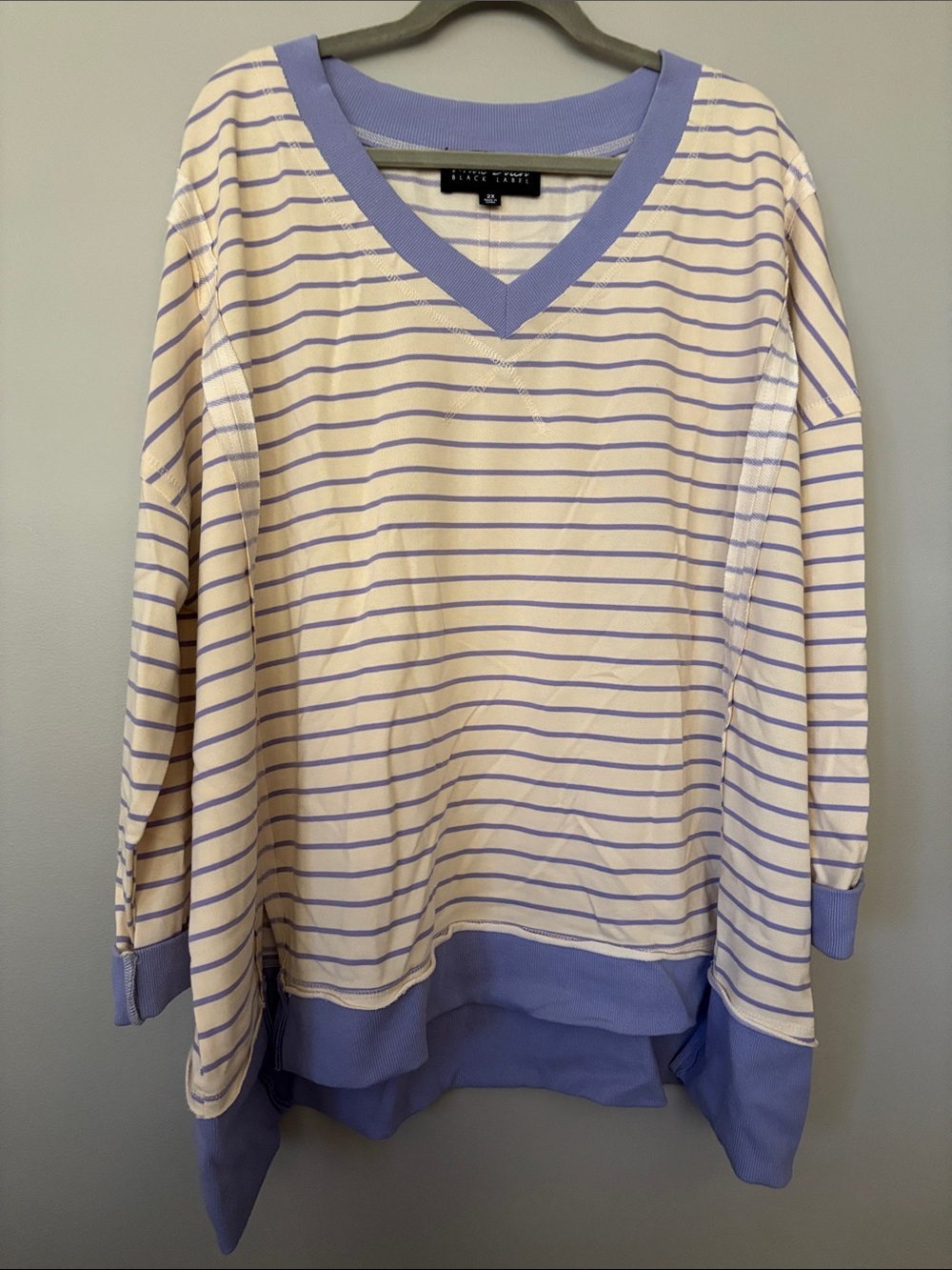 white birch Cream and Lavender Striped V-Neck Sweatshirt Oversized NWOT